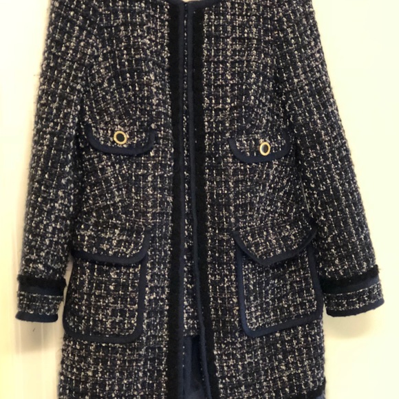 Tory Burch Tweed Coat Navy Blue Wblack 